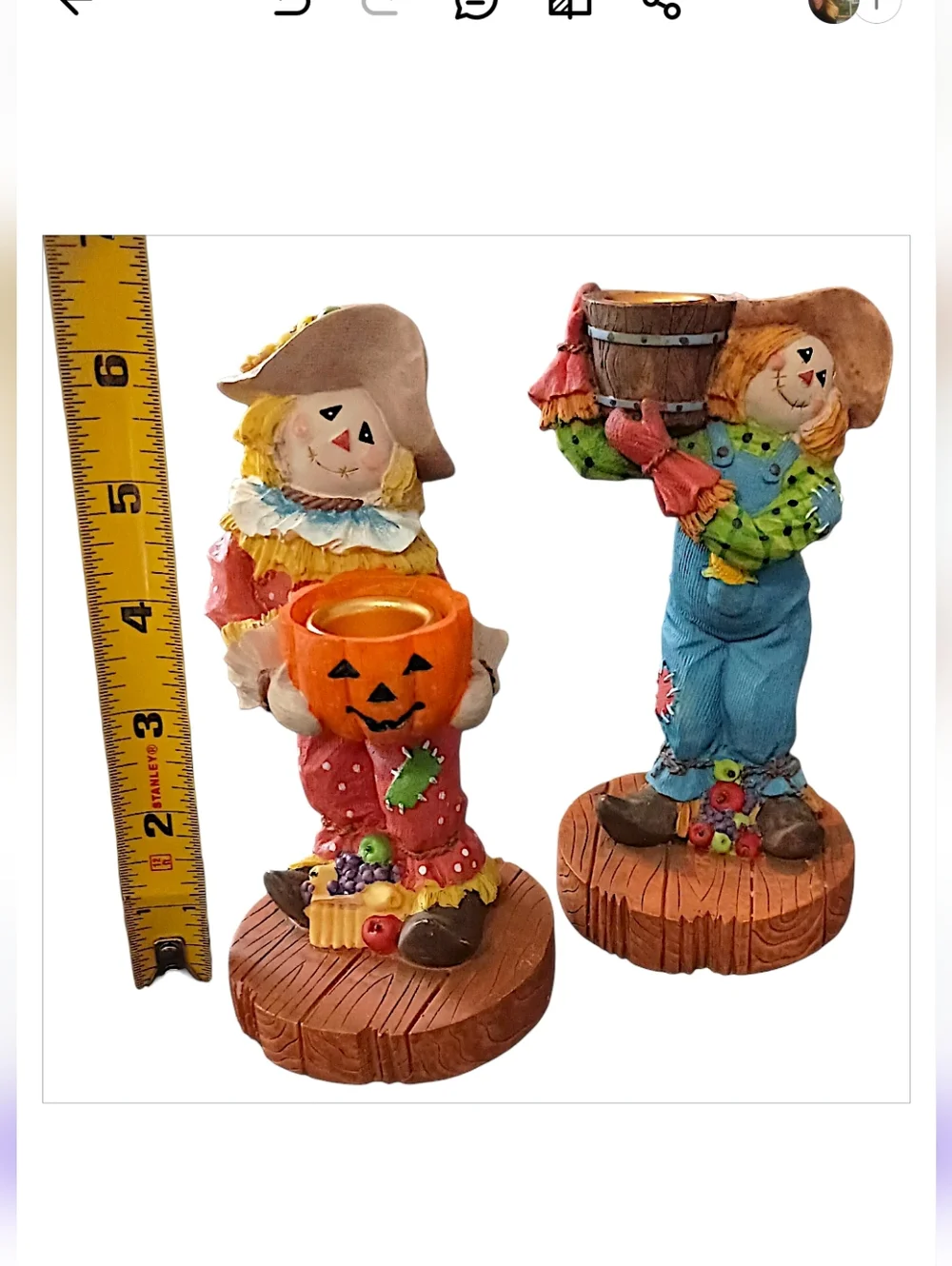 2 Vtg Scarecrow Candle Holders Resin Fall Thanksgiving Decor‎ Halloween Autumn